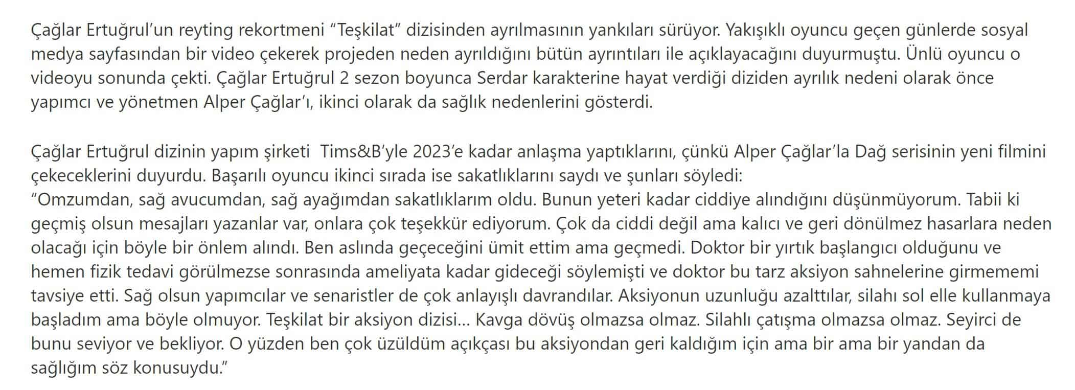 çağlar ertuğrul teşkilat dizisinden neden ayrıldığını açıkladı sağlık sorunları ve sözleşmeler